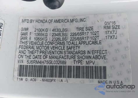 2016 Honda Cr-V Ex-L from USA, damaged, VIN 5J6RM4H75GL032689